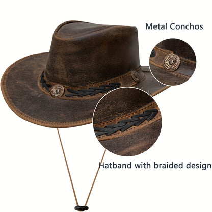 Brown Leather Cowboy Hat For Men Women Western Australian Outback Hat With Shapeable Wide Brim, Aussie Style Genuine Leather Hat