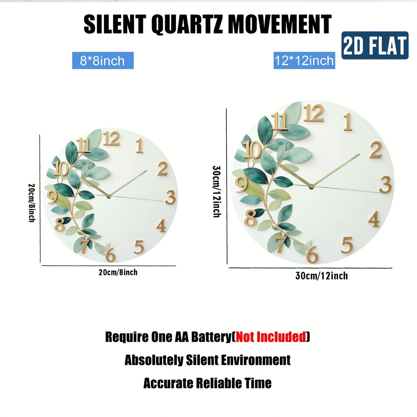 2D Flat Green Leaf Theme Design, Silent Wall Clock for Home Living Room Creative Fashionable Bedroom Hanging Clock Without Battery, 2D Flat