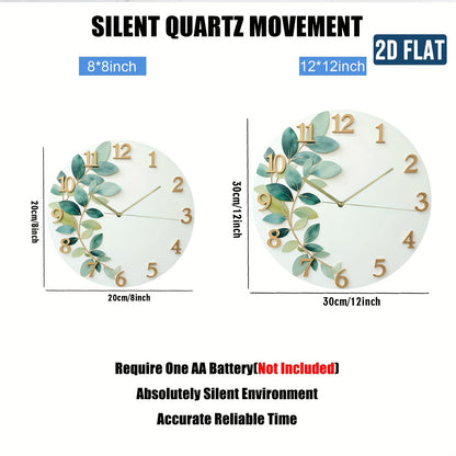 2D Flat Green Leaf Theme Design, Silent Wall Clock for Home Living Room Creative Fashionable Bedroom Hanging Clock Without Battery, 2D Flat
