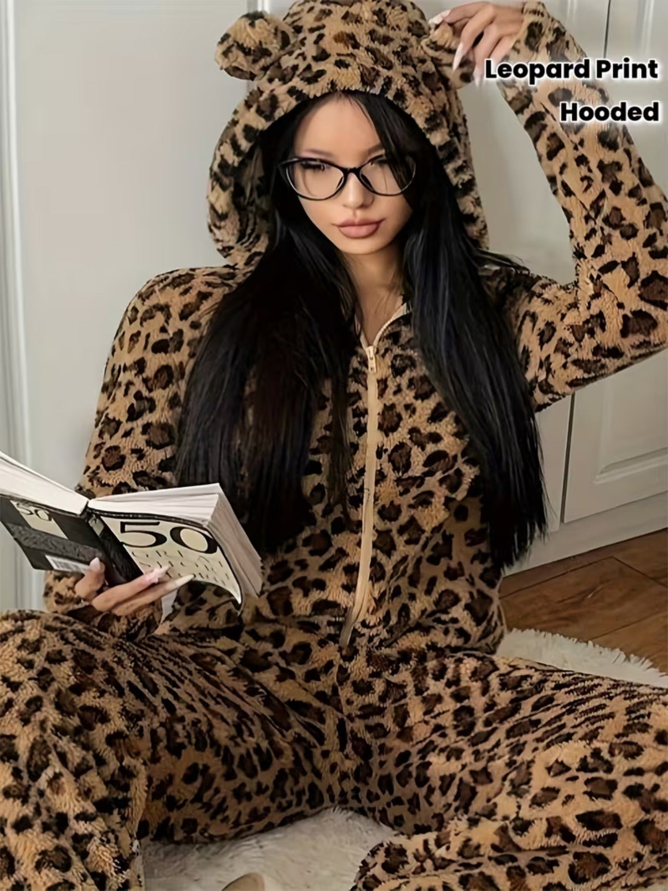 Thickened And Fleece-Lined Onesie for Autumn And Winter, Featuring a Cute Leopard Print with a Hood And Ears, Perfect for Cozy Home Wear