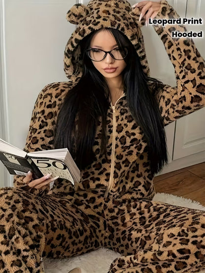 Thickened And Fleece-Lined Onesie for Autumn And Winter, Featuring a Cute Leopard Print with a Hood And Ears, Perfect for Cozy Home Wear