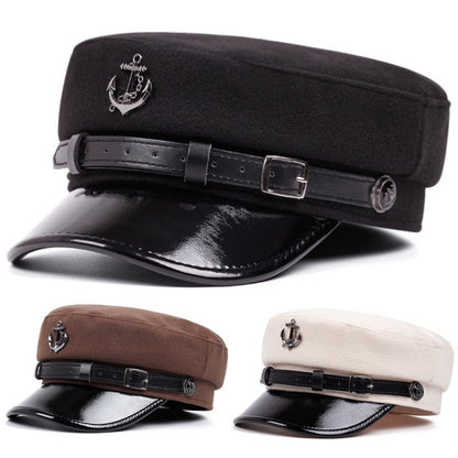 Men'S Punk Style Anchor Logo Beret Visor Cap - Adjustable Snap Closure, White & Black Nautical Design, Durable Polyester for Casual & Semi-Formal Outfits, Maritime-Inspired Fashion Accessory