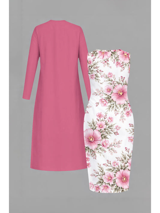Elegant Plus Size Women'S Fashionable Solid-Color Long Cardigan and Printed Fitted Dress Set | Crew Neck, Long Sleeve, Suitable for Christmas, Valentine'S Day, Birthday Parties, Daily Commute or Formal Events