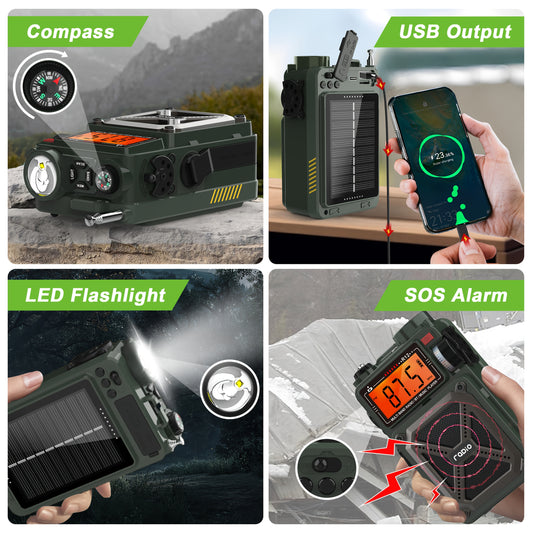 AM FM WB Radio, White Noise, 5W Speaker with Vibration Hand Crank/SOS/Torch, Full Band Digital Shortwave Radio, USB/TF Emergency Supporlarge Solar Panel