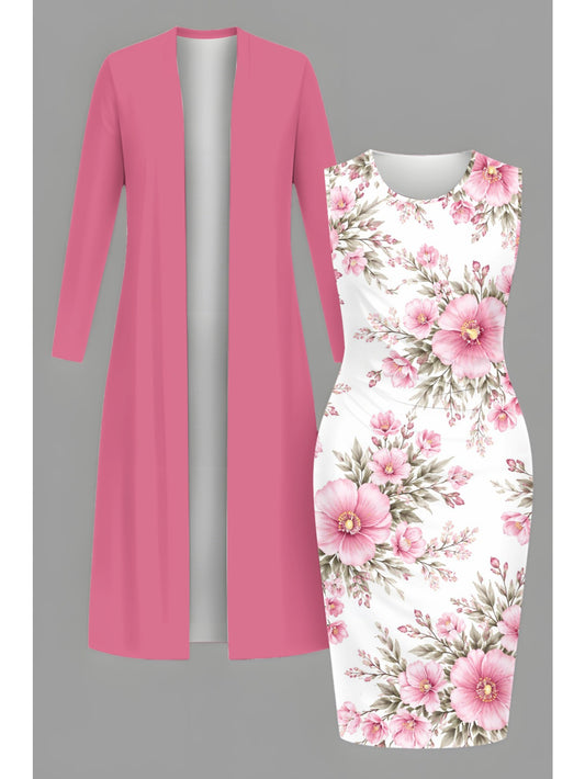 Elegant Plus Size Women'S Fashionable Solid-Color Long Cardigan and Printed Fitted Dress Set | Crew Neck, Long Sleeve, Suitable for Christmas, Valentine'S Day, Birthday Parties, Daily Commute or Formal Events