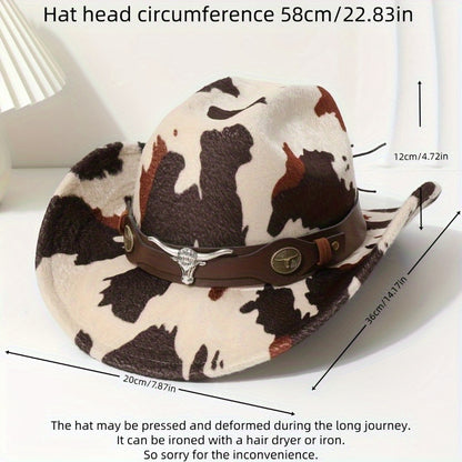 1pc Black Retro Print Wide-Brimmed Cowboy Hat with Anti-Compression Strap & Bull Horns Charm - Durable Non- Material for Outdoor, Camping, BBQ, Street Fashion - Spring/Autumn Western Style