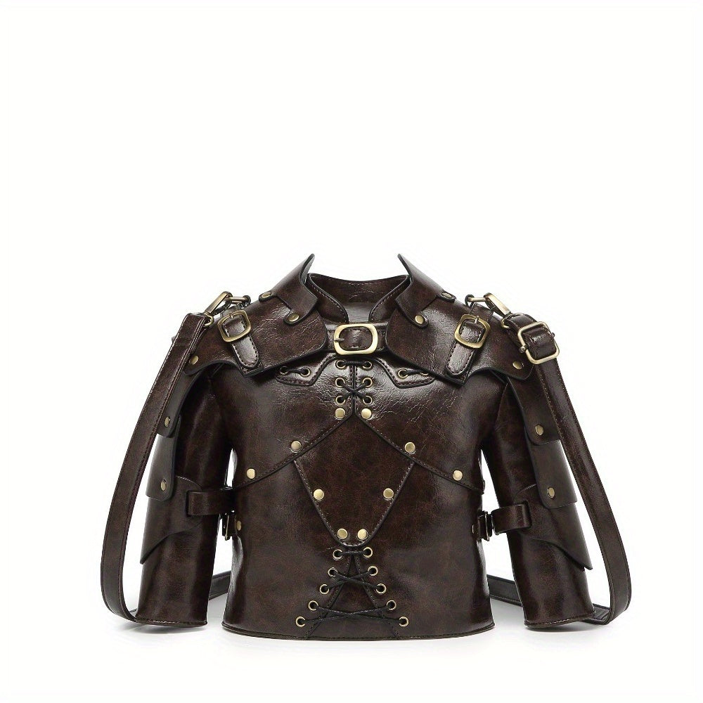 Punk Vintage Style Crossbody Bag Gothic Rivet Crossbody Bag - Double Zipper Pockets, with Adjustable Shoulder Strap, Dark Industrial Medieval Style, Armor Shaped Street Single Shoulder Bag for Men and Women