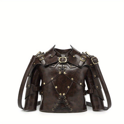 Punk Vintage Style Crossbody Bag Gothic Rivet Crossbody Bag - Double Zipper Pockets, with Adjustable Shoulder Strap, Dark Industrial Medieval Style, Armor Shaped Street Single Shoulder Bag for Men and Women
