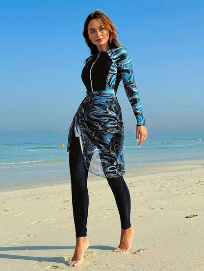 1pc YIYUNQING Women'S High Neck Full Body Swimsuit, 2pcs Set, Sporty Style, Stretch Fabric, Random Print Pattern, Nylon Material