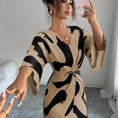 This Elegant Midi Dress Features a Unique Apricot Base Color with a Milk Digital Print, High-Stretch Fabric, a V-Neck, And a Stylish Waist Twist Design. Its Irregular Hem Adds a Niche Touch, Making It Perfect for High-End Aut