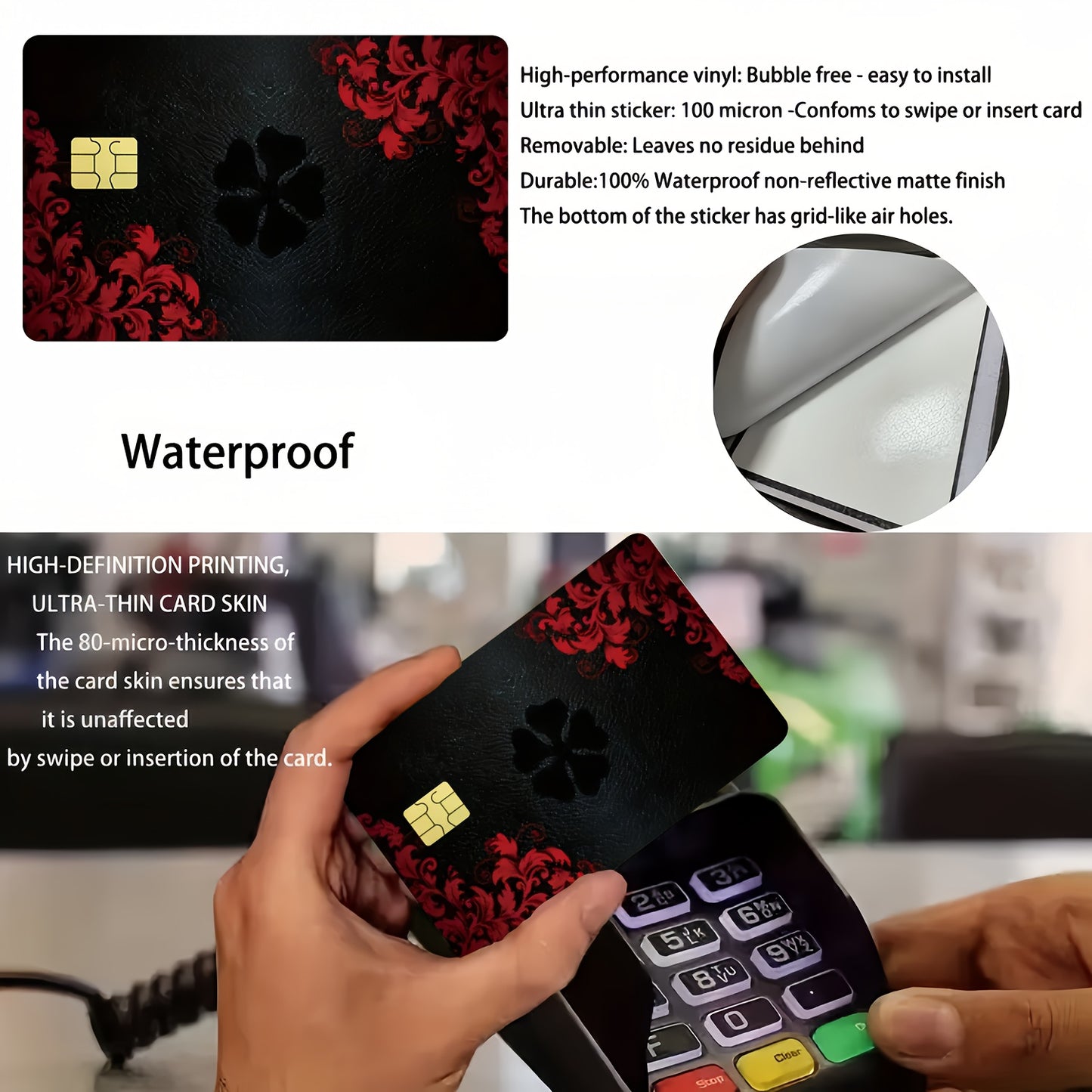 2pcs Red Floral Pattern Waterproof Vinyl Stickers, Credit Card Light Beige Cover, Ultra-Thin, High-Quality, Scratch-Resistant, Suitable for Credit Cards, Bank Cards, Bus Cards, Removable Self-Adhesive for Most Cards, Ideal Gi