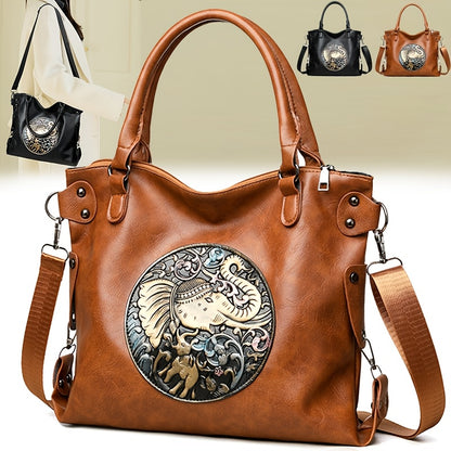 Women'S Large Capacity Tote Bag with Adjustable Strap - Elegant Black & Golden Animal Print (Elephant, Leopard, Lion, Tiger, Dragon) - Durable Synthetic Faux Leather-like Texture, Spacious Everyday Purse for Work, Travel, Ver