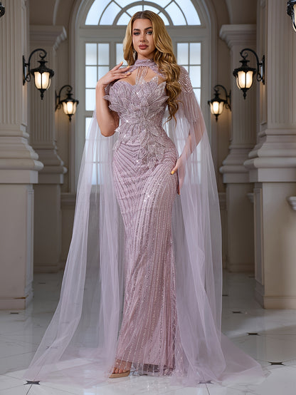 An Elegant And Sexy Evening Gown Featuring a High Neckline, 3D Petal Appliqués, And Flowing Tassels, Adorned with Sequins And Lace on The Bodice