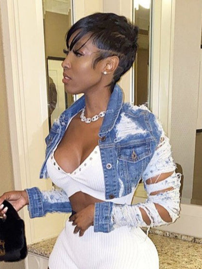 Cut Mini Sexy Cardigan Long Sleeve Denim Short Jacket