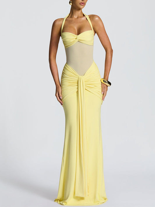 Women's Elegant Ruched Halter Neck Maxi Dress, Slim Fit Summer Party Dress