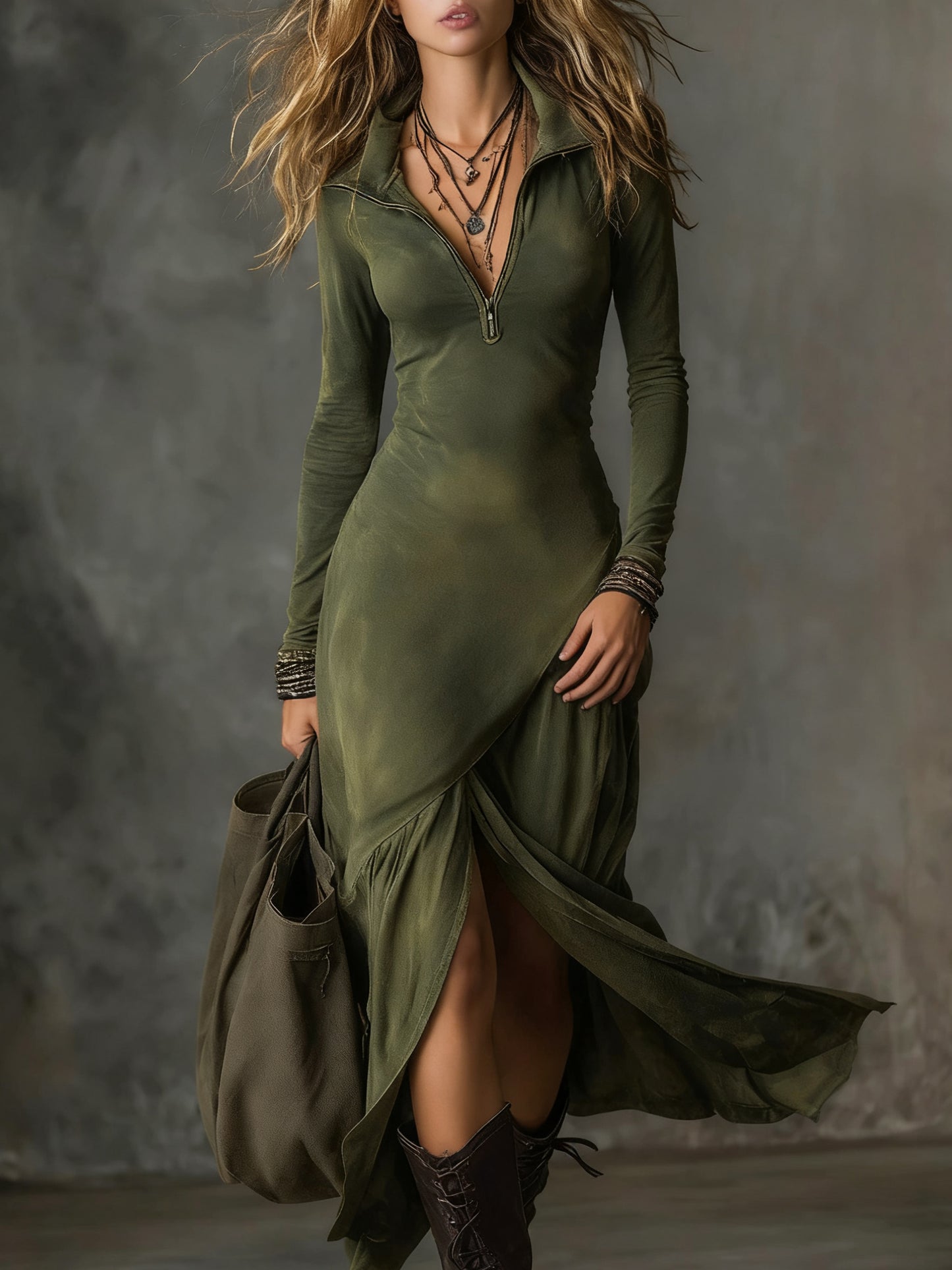 Women's Winter Office Dress - Sexy Half-Zip Collar Midi Dress with Split Hem, Slim-Fit Long Sleeve Solid Color Dress for, Meetings & Semi-Formal Events, Machine Washable (No Elasticity)