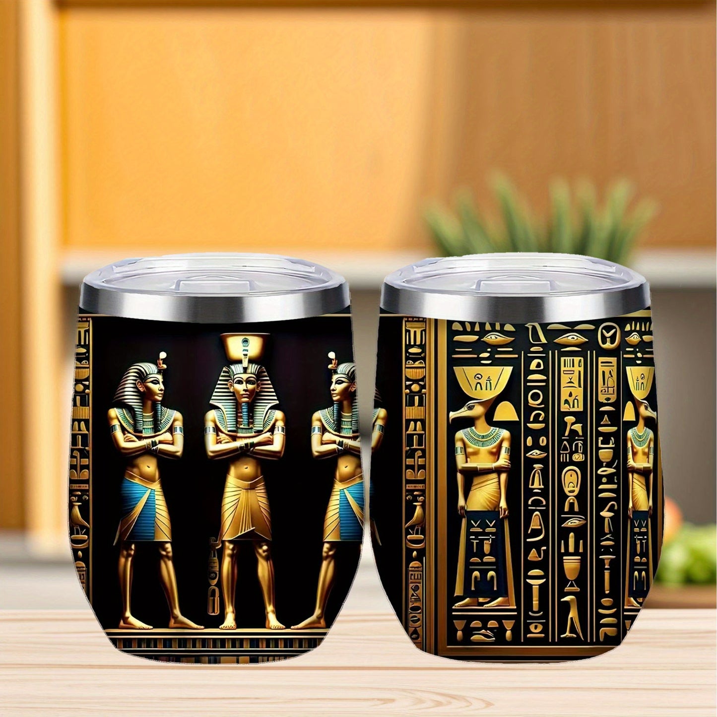1pc Egyptian Hieroglyphs & Pharaohs Tumbler with Lid & Straw - 12oz/20oz Insulated Travel Mug, Double-Wall Vacuum Cup with Golden & Black Egyptian Design, Tutankhamun & Anubis Pharaohs, Ideal Gift for History Buffs, Christmas