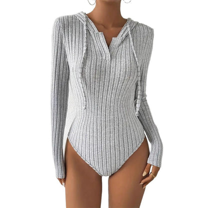 Women's Jumpsuit, V-neck Hooded Jumpsuit for Women, High-slit Bikini-style Slim-fit Loungewear, Brushed Ribbed Hooded Solid Color Jumpsuit and Romper