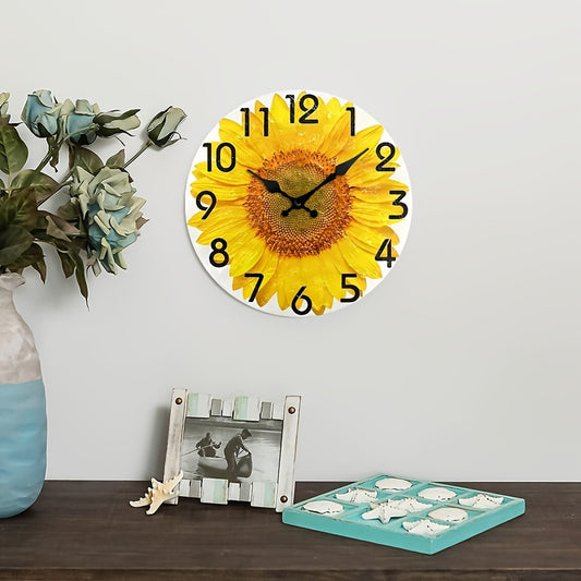 JFHT Large Sunflower Wall Clock - Silent Non-Ticking Modern Farmhouse Decor with Black Hands & Yellow Face, Easy-to-Read Large Numerals, Wood Round Clock for Living Room, Kitchen, Bedroom - (AA Battery Not Included) - Vibrant