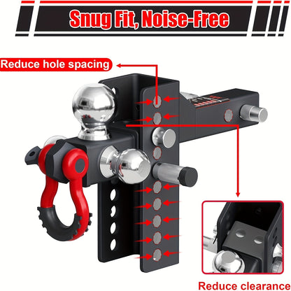 TYT Heavy Duty Adjustable Trailer Hitch Tri-Ball Mount With Locks&Pin&Rotatable Tow Shackle, Fits 2-in Receiver, 6-7/8" Rise/Drop, 1-7/8" & 2" &2-5/16" Ball