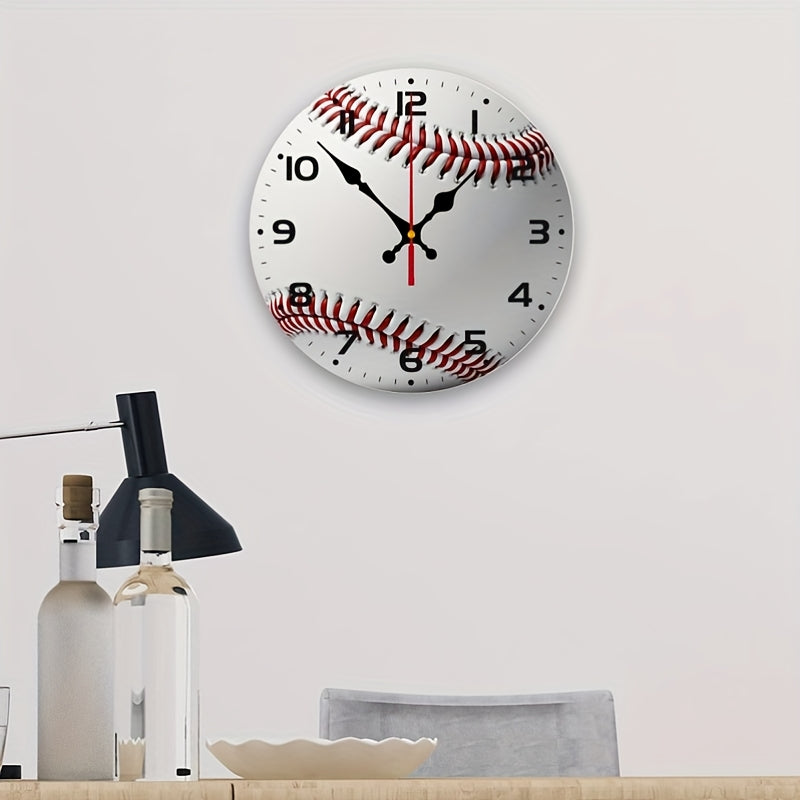 Baseball-Themed Silent Wall Clock with Mechanism - Red Seam Design, White Dial & Black/Red Baseball Texture - Battery- (AA Not Included) Sports Decor for Cave, Room, Game Room - Artificial Wood Panel, Yellow Second