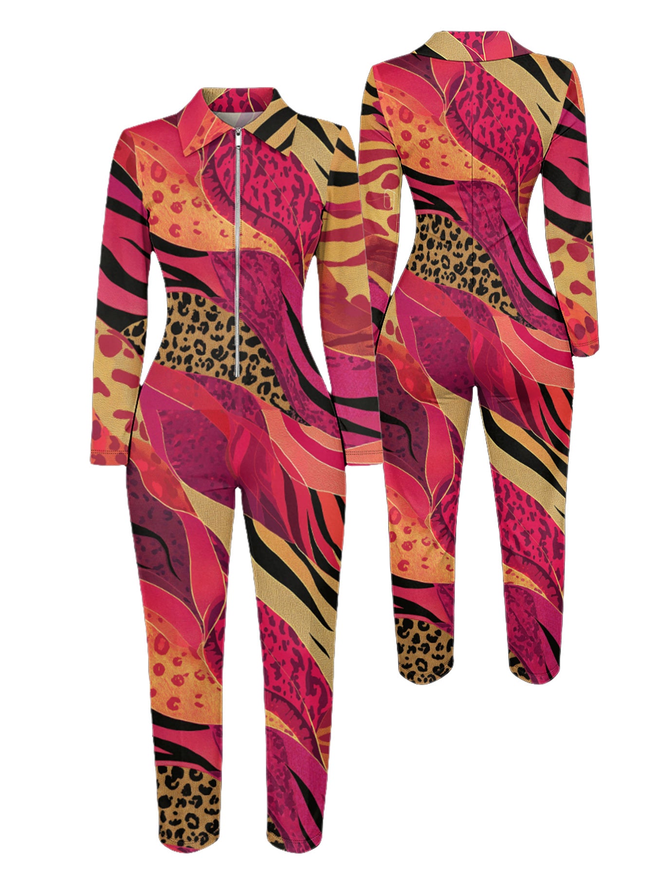 Ladies' Four-Season Long-Sleeved Sexy Jumpsuit | Front Zipper Design, Light Style, Fashionable Full-Print, Perfect for Daily Outings and Casual Wear, Fashionable and Sexy Outfit