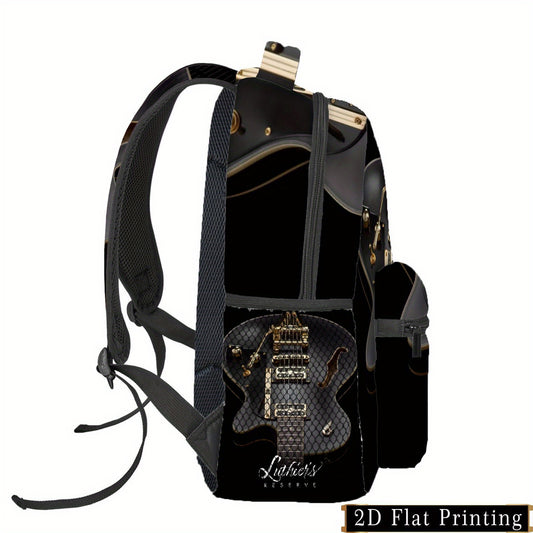 2D Flat, Luthier'S Reserve Electric Guitar Backpack - Stylish Black & Golden 2D Flat Print Design, Adjustable Shoulder Straps, Multiple Pockets, Durable Polyester for Commuting, Travel & Daily Use, Commuting Backpack, 2D Flat