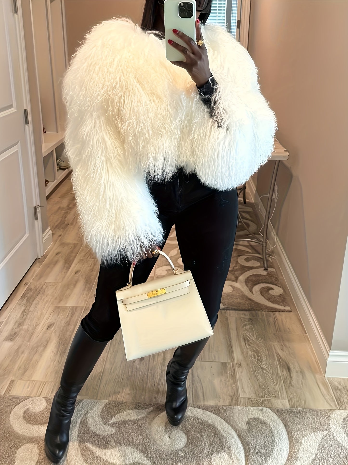 GlOURI Women's Luxury White Outerwear - Cropped Faux Fur Jacket - Fluffy Soft Fuzzy Coat With Long Sleeves | For Evening Parties, Street Style And Seasonal Occasions(Fall Winter Essential)