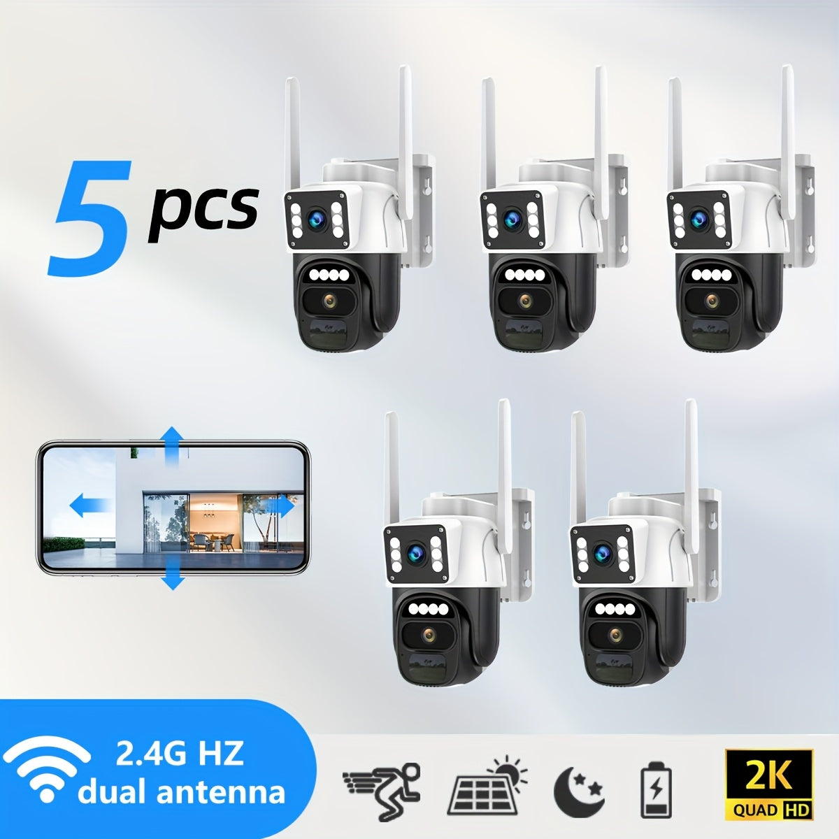 5pcs Hawkray Solar-Powered Wireless Outdoor Security Cameras, 2K HD 360° PTZ, 10X Zoom, Two-Way Audio, Spotlight Siren & PIR Motion Detection, Solar Panel Included, App-Controlled For Home/Office,.