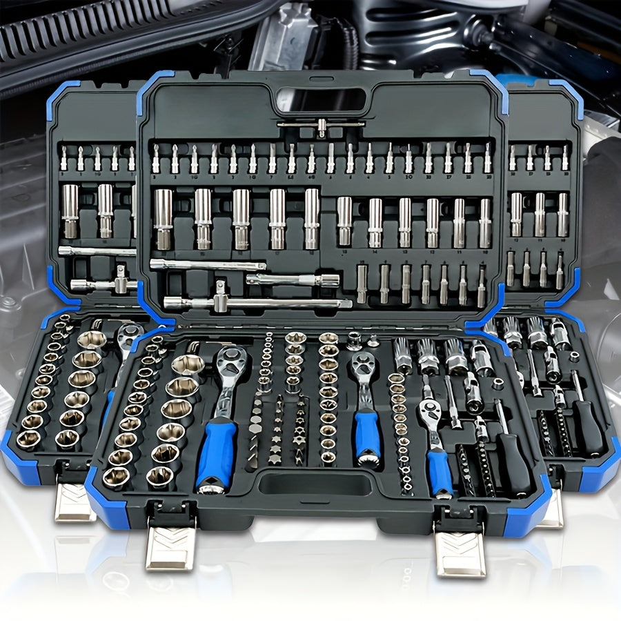 172/45pcs Professional Auto Repair Kit, Ratchet Wrench Set, Torque Wrench, 1/2 *1/4" 3/8" Drive Depth And Standard Sleeve, Auto Repair And Household Machine Tool Set, Suitable for Car And Bicycle Repair Tools