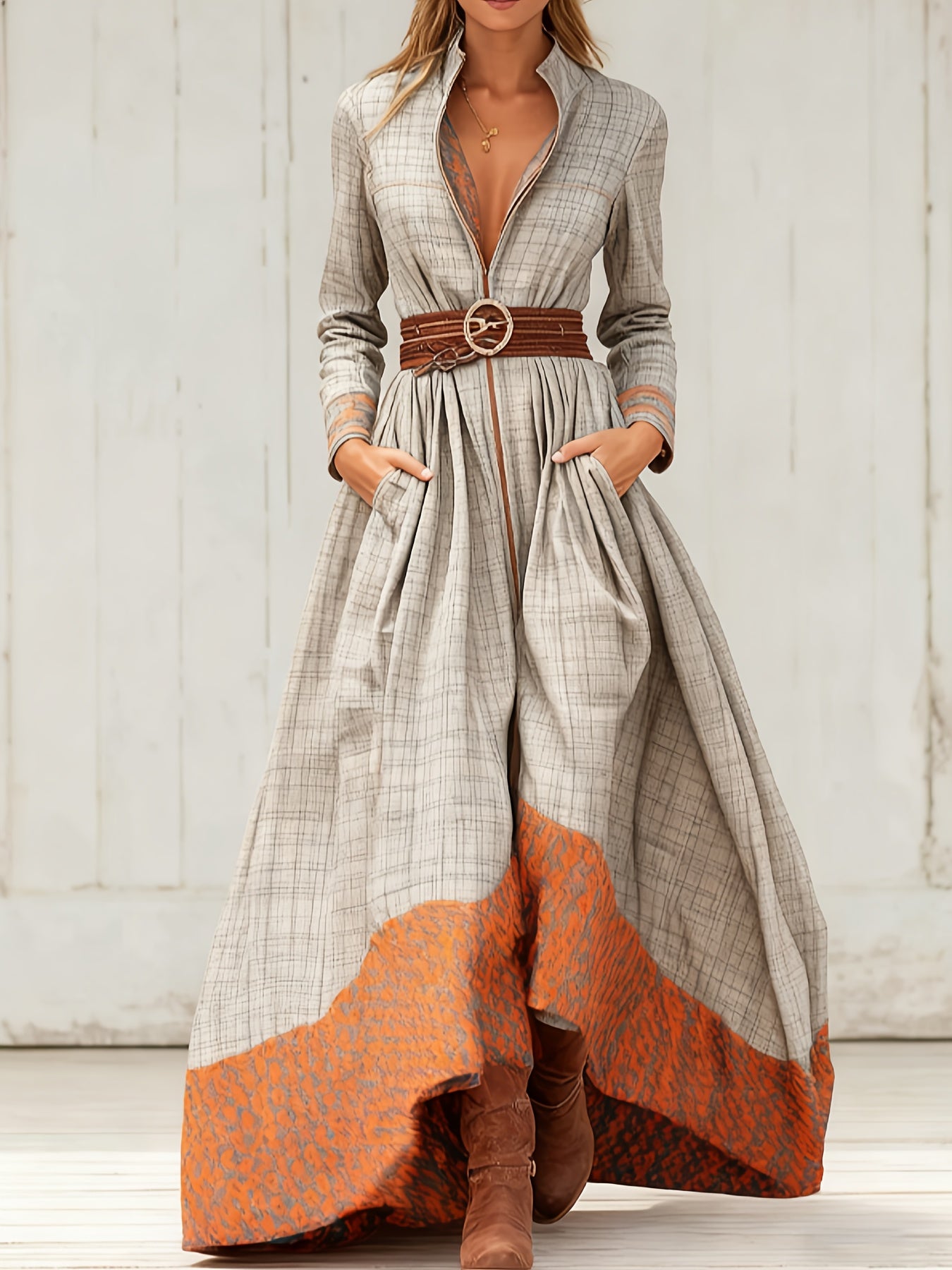 Western Retro Plaid Dress, Stand-up Collar, Zipper, Bohemian Ethnic Print, Fitted Waist, Full Skirt, with Pockets.