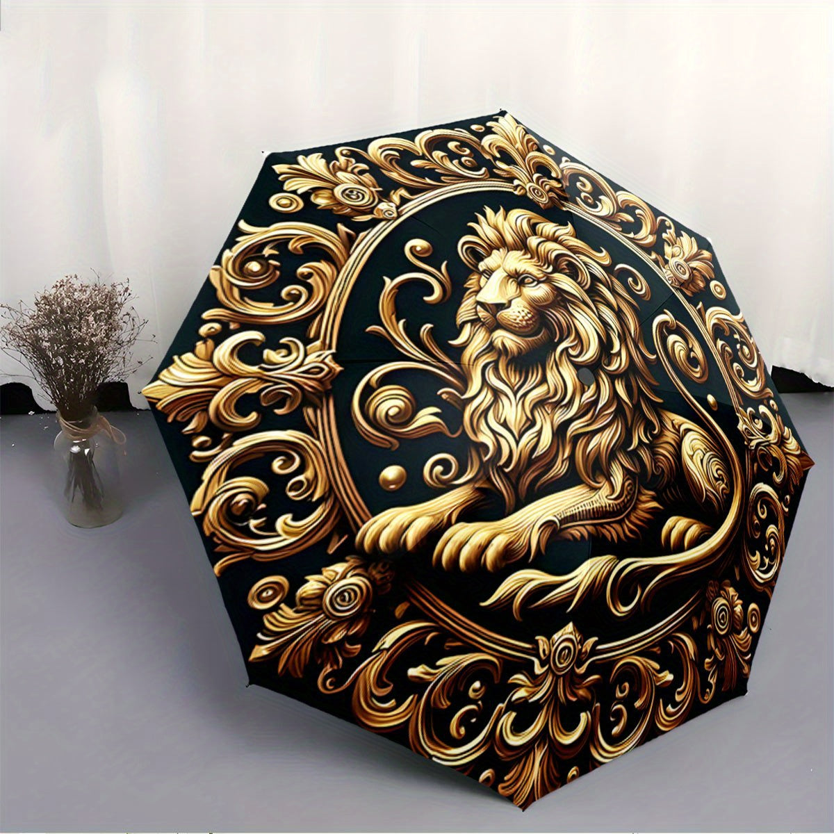 Automatic Open/Close Umbrella with Golden Lion & Ornate Swirls - Luxury Elegant Design, Auto Folding Compact Umbrella for Men/Women, Birthday/Christmas Gift - Dark Background with Golden Accents -