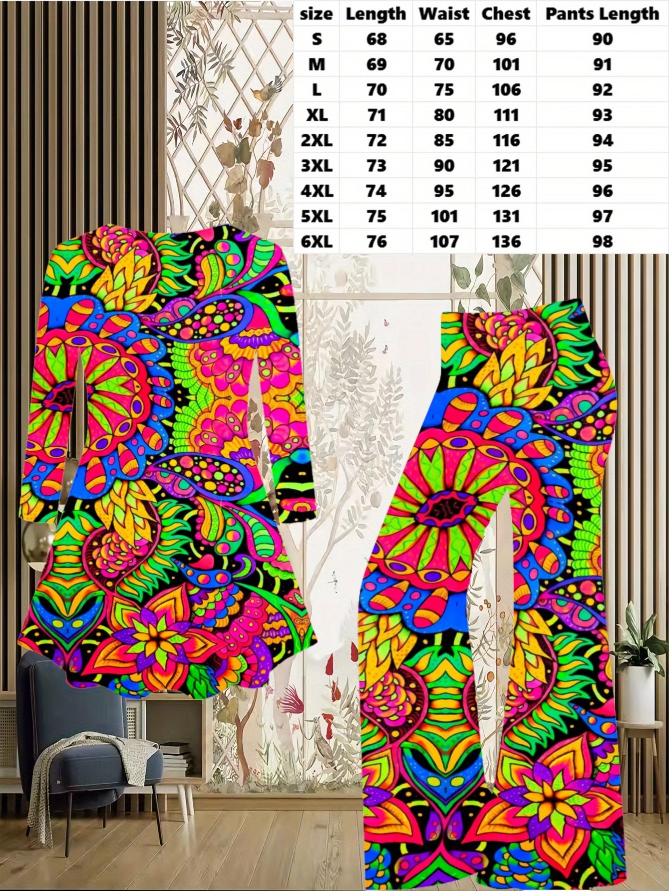 Women's Artistic Paisley-Print Flared Culotte Pantsuit - Multicolor (Pink/Yellow/Green/Blue/Purple) A-Line Asymmetrical Hem Jumpsuit, Casual to Dressy Outfits, All-Season Wear, Round Neck Long Sleeve Matching Set