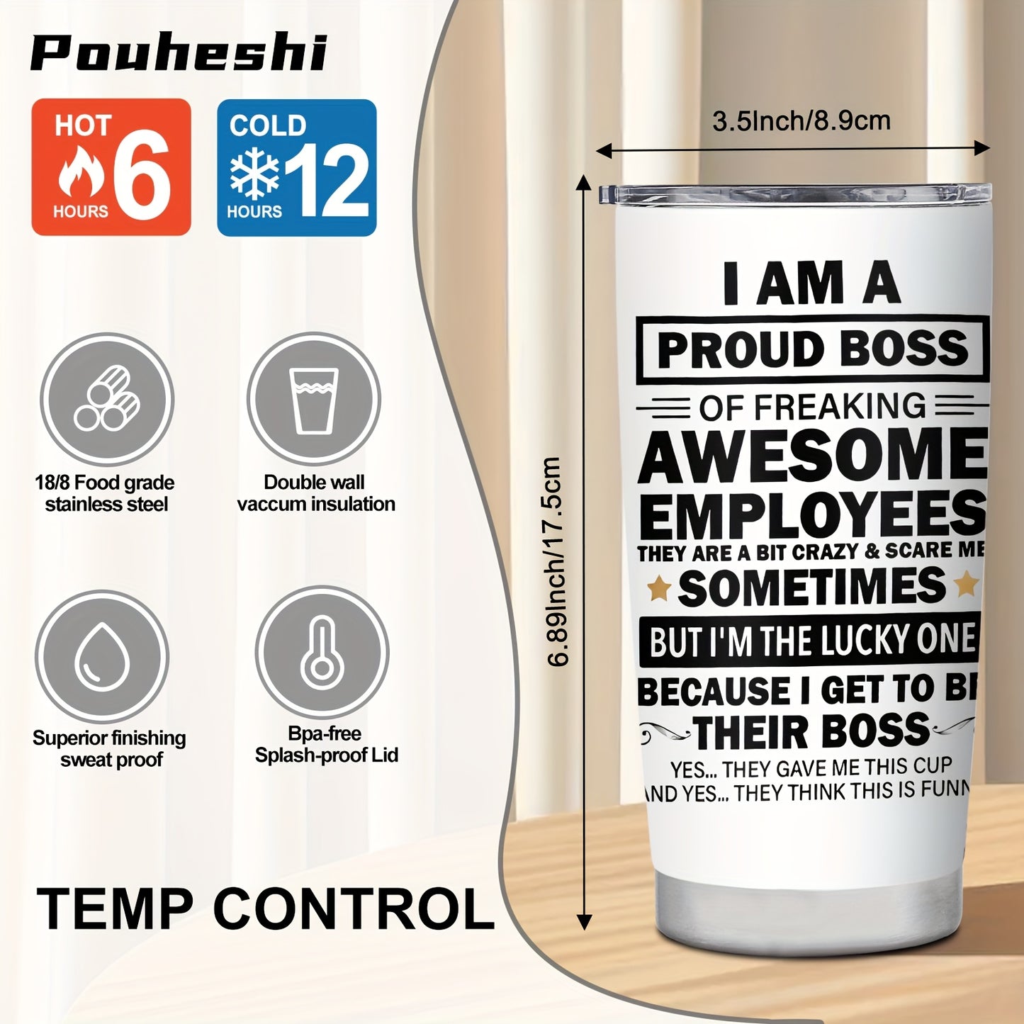 1pc POUHESHI 20oz Stainless Steel Tumbler with "I AM A Proud Boss" Humorous Design - Shatterproof, Reusable, Ideal for Office or Outdoor Use, Perfect Gift for Bosses, Campers, and Holidays, Office Drinkware | Humorous Tumbler