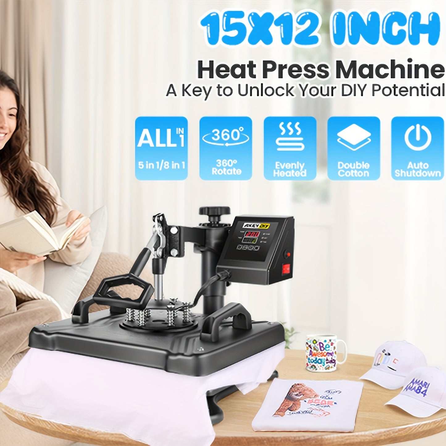 8-in-1 Heat Press Machine with Digital Display - 360° Swing Away, 12x15 Inch, Aluminum Alloy, 110-130V, US Plug, Ideal for T-Shirts, Mugs, Caps - Multifunctional Heat Transfer Combo, Heat Transfer Machine | Digital Display P