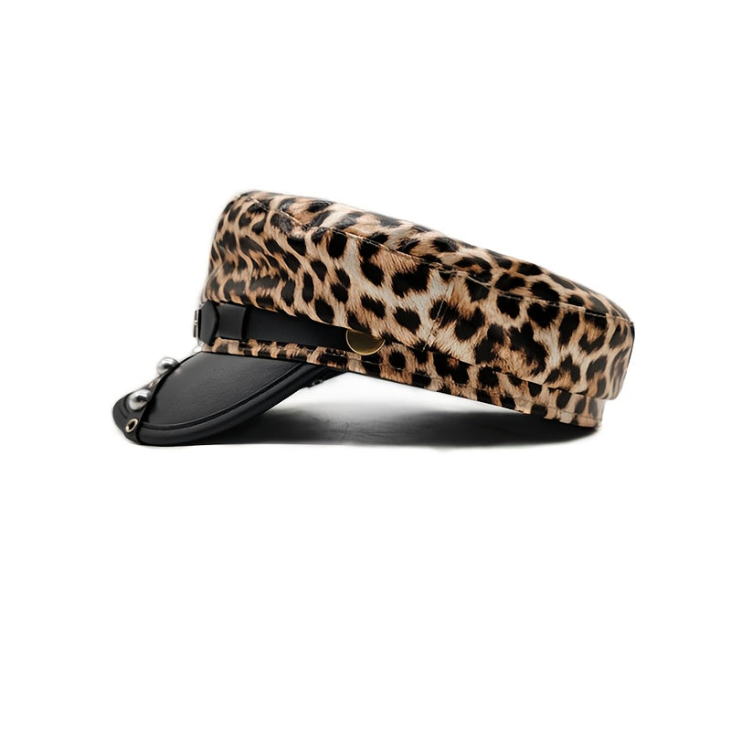 Women's Punk Vintage Distressed PU Leather Beret Newsboy Cap with Metal Rivets & Leather Buckle - Leopard Print (Black/Pink) Navy Blue, Golden-Tone Hardware, Lightweight Structured Fit for Graduation, Themed Parties & Everyda