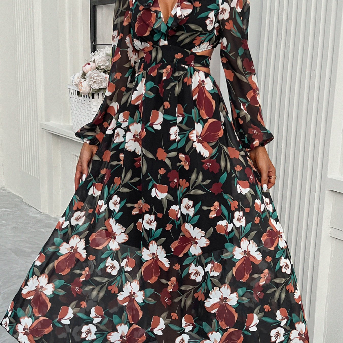 Stylish Floral Dresses with V-Neck, Long-Sleeved& Waist-Cinching Design for A Comfortable Look- Holiday& Casual Outfit for Women