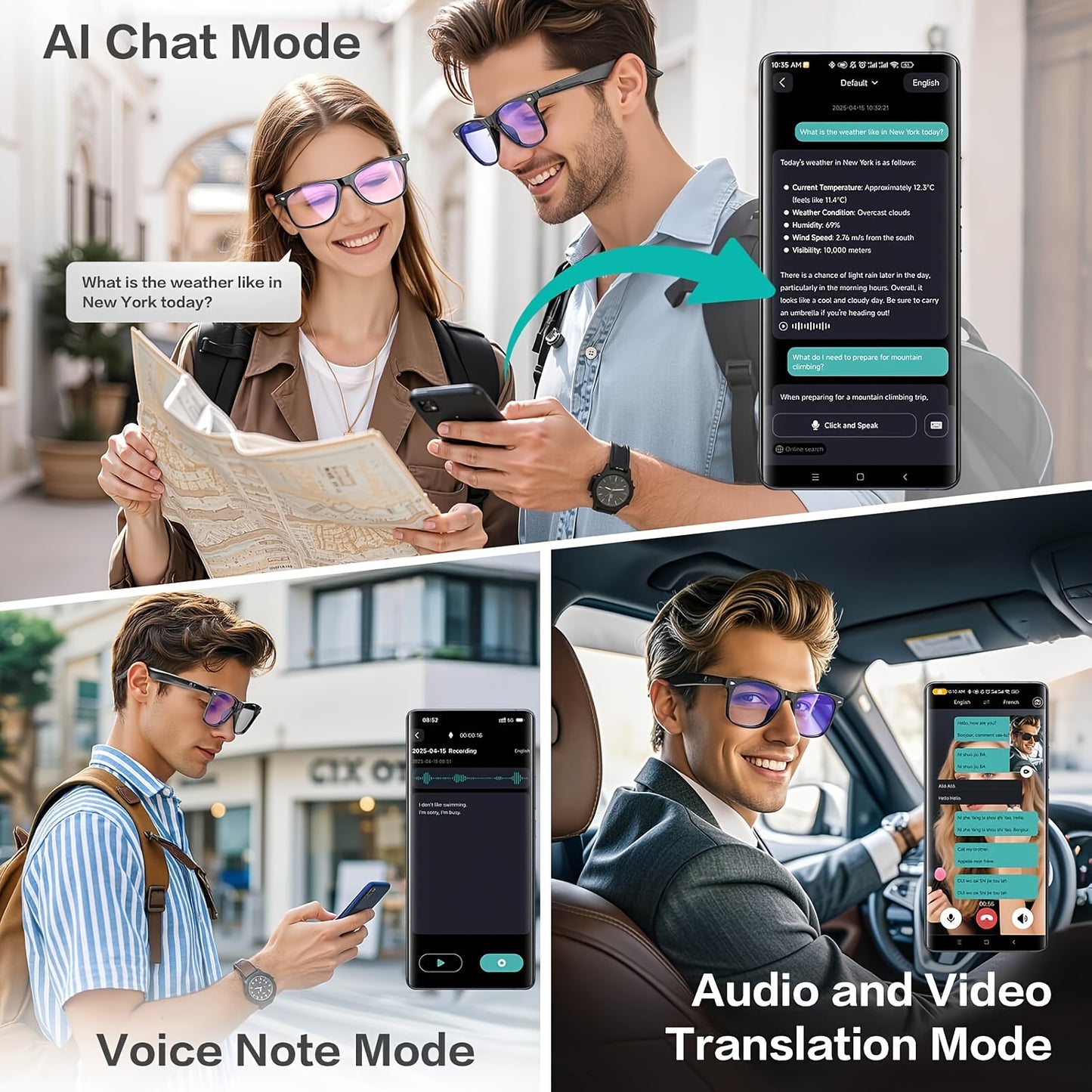 Ai Translation Smart Glasses, Multi-functional Audio Glasses Support 160+ Languages Translation, Built-in Microphone And Speaker, Music Playback And Voice Call, Photochromic Lenses, Suitable for, Driving, Relaxing And Daily O