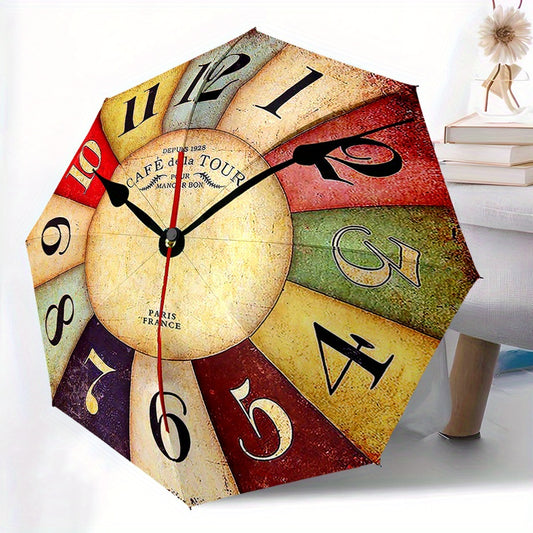 1pc Cafe de la Tour Vintage Wall Clock with 8 Metal Spokes, Plastic Handle, Auto Open/Closed Umbrella - Fashion Pattern, Portable Foldable Sunshade Umbrella for Travel or Daily Use. A157