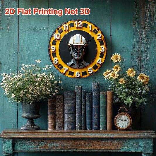 Vintage Industrial Safety Wall Clock with Hard Hat Graphic - 2D Flat Design in Yellow & Black, Quartz Movement, Silent Mechanism, Bold Numerals - Durable Artificial Wood Construction for Workshop, Office, Living Room Decor -