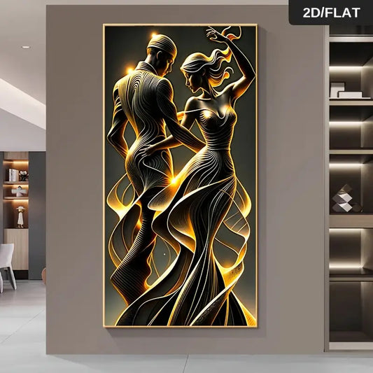Modern Abstract Couple Wall Art - Large Frameless Canvas Poster 59.99x119.99cm (23.6"x47.2") - Golden & Black Swirl Pattern Dynamic Pose Elegant Textured Painting for Bedroom, Living Room, Hallway Decor - Contemporary Minimal