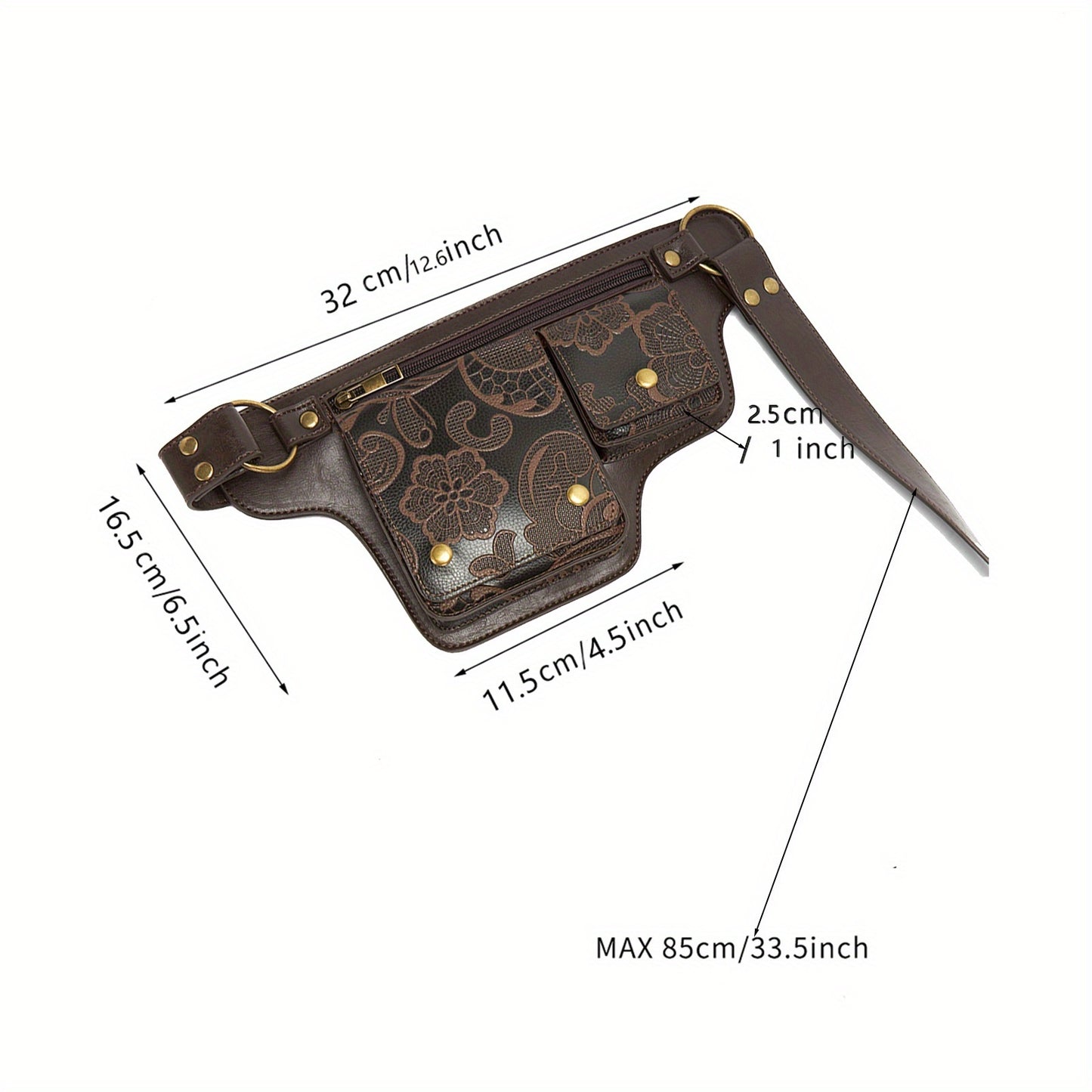 Convertible Crossbody Purse - Women's Adjustable Waist Bag with Floral Pattern - Zipper Closure & Snap Button - Synthetic Faux Leather Belt Bag for Everyday, Formal, Travel - Coffee Brown/Black, Crossbody Purse, Everyday Acce