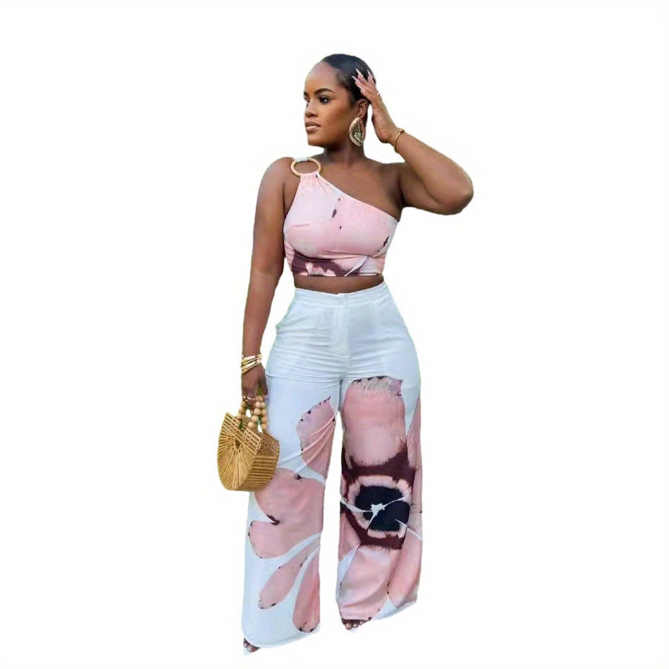 D9738 Women'S Y2K Fashion Floral Print One-Shoulder Slim Fit Wide-Leg Pants Two-Piece Set - Sexy Spring/Fall Outfit, Spring Fashion|Sleek Shoulder Design|Polyester Fabric