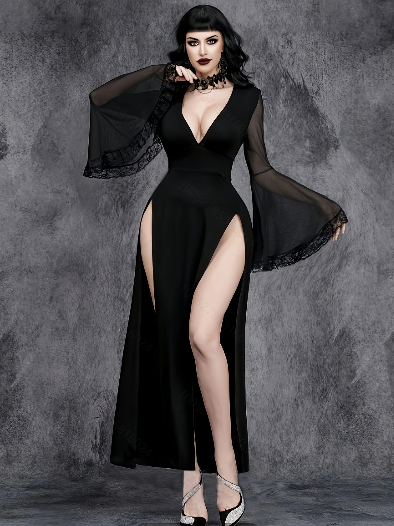 Women's Gothic Sexy V-Neck High Slit Sleeve Lace Trim Party Wedding Dress, Black Long Sleeve Formal Ball Evening Gown for Wedding Guests, Graduation, Dinner