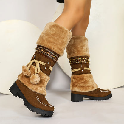 Ethnic Cowboy Boots for Men - Women's Mid-Calf Boots - High Heel Ankle Boots with Faux Fur Lining - Autumn and Winter