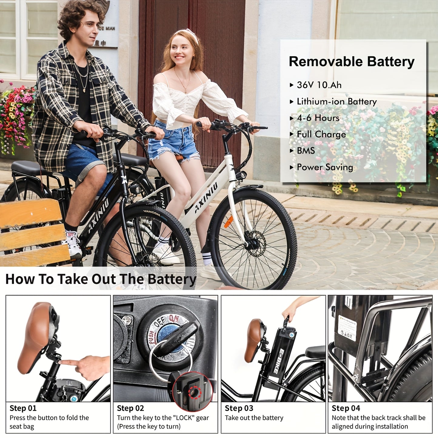 Electric Bike For Adults, 26 Inch Step Through Electric City Cruiser Bicycle, 350W Commuter Ebike With 36V Removable Battery And 7-Speed Gears, Electric Street Bike Women&Men