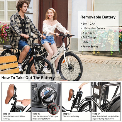 Electric Bike For Adults, 26 Inch Step Through Electric City Cruiser Bicycle, 350W Commuter Ebike With 36V Removable Battery And 7-Speed Gears, Electric Street Bike Women&Men