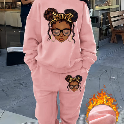 Graphic Print Two Piece Set, Crew Neck Sweatshirt & Pants, Women's Clothing, Fall Clothes For Women, Sweat Suits Women Two Piece