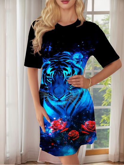 Women's Elegant Tiger & Rose Print Nightgown - Blue & Black Pajama Dress with Round Neck, All-Season Comfort, Machine Washable Sleepwear, Elegant Home Dress for Women, & Sophisticated Lounge Wear with Pajama Top & Skirt, Idea