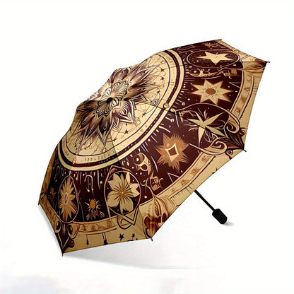 Automatic Folding Umbrella The umbrella features a large, intricate mandala-like star pattern in Golden and brown tones. Portable collapsible design, casual outdoor accessory, Christmas birthday festival gift, Mini Umbrella,